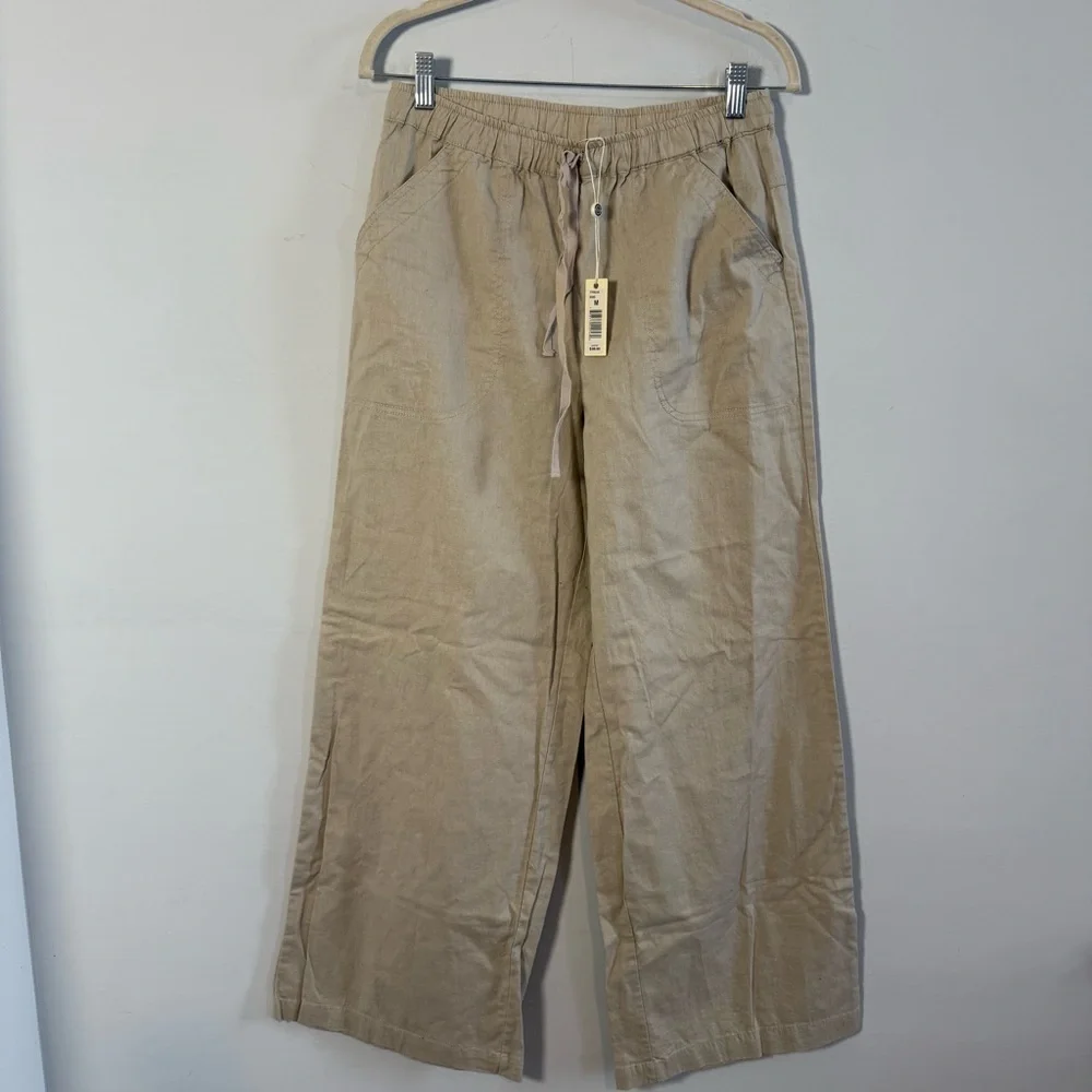Max Studio Women's Wide-Leg Drawstring Linen Cotton Pants - Beige - Picture 2 of 10
